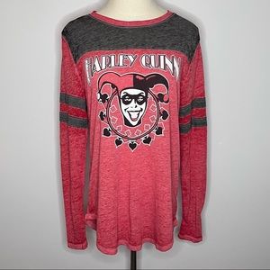 BATMAN Harley Quinn Red Gray Graphic Long Sleeve Shirt Juniors Large